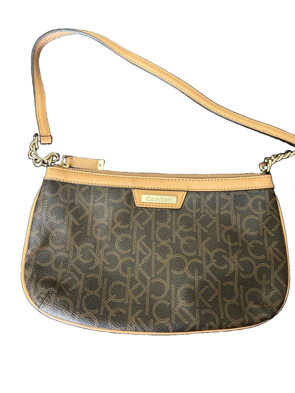 Calvin Klein Women's CK Logo Print Purse Small Bag Brown Khaki Gold Hardware